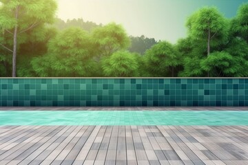 3D-rendered modern pool terrace with wooden floor, green tile swimming pool, blank copy space wall, surrounded by nature. Generative AI