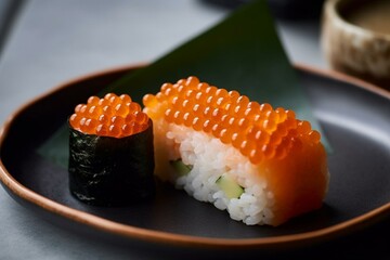 a plate of salmon roe on a rice bed with a sushi roll filled with salmon roe. Generative AI