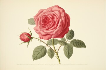 An aged artwork showcasing rosa damascena aurora, created by P. R. Redoute and published in Les Roses, Imp. Firmin Didot, Paris, 1817-24. Generative AI