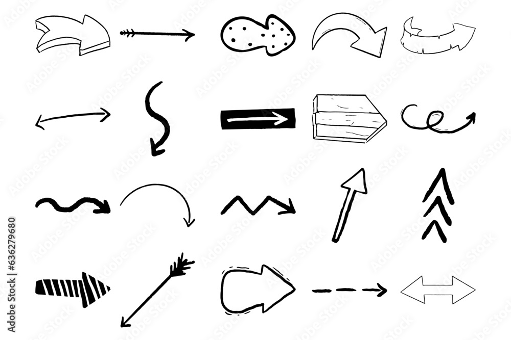 Wall mural set arrow pointer ink lines, textured shapes hand drawn decorative elements in doodle style isolated