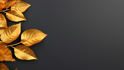 Golden leaves on dark background. Gold autumn leaves isolated on dark grey background with copy space. Luxury autumn leaves banner in yellow and grey warm colors