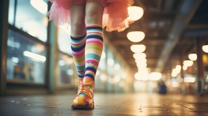 Fabulous free spirited teenager in colorful rainbow pastel frilly ballerina type costume dress with striped socks and cute shoes walking down city subway station corridor - generative AI