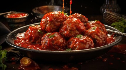 meatballs with melted tomato sauce on a bowl with a black background and blur - obrazy, fototapety, plakaty