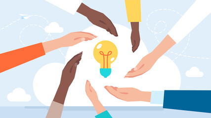 Business meeting and brainstorming. Idea and concept for teamwork. Children participate in the development of the idea. Business people, team, light bulb and icon. Flat illustration