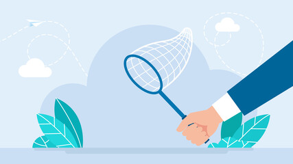 Hand with a butterfly net. Net for catching butterflies with a handle. The concept of business search, concentration, and perseverance. Businessman. Flat design. Flat illustration