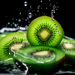sliced kiwi falls into water on a dark background created with Generative Ai
