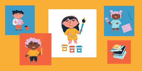 Education. Back to school. School supplies icons. Flat cartoon vector illustration. Icon School supplies