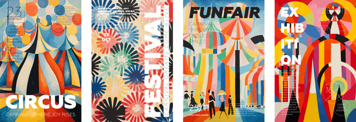 Fototapeta na wymiar Circus and Festival creative retro art poster set. Funfair and Exhibition vintage typography print design collection. Placard with promo text on colorful abstract pattern. Vector modern trendy cover