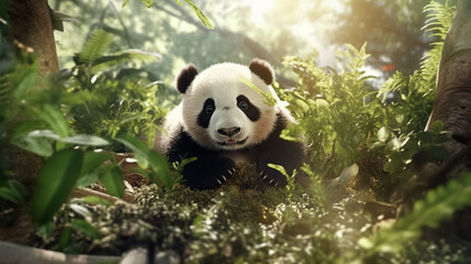 Giant panda cub basks in the sun. Cute photorealistic little panda in bamboo forest, close-up super...