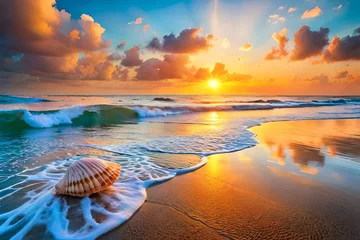 Poster Seascape mix media painting sunset and seashells. Hand drawn landscape © M.Arif