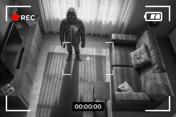 Recording on video surveillance camera of a man in a black mask who made his way into the house. Robbery of a private house. Generative AI
