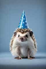Fototapeta na wymiar cute hedgehog in a party cap on a blue background