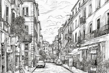 Street in Rome, Italy - sketch illustration for coloring book. Generative AI