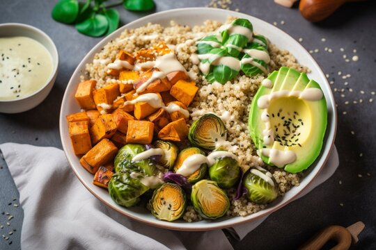 A nourishing vegan Buddha bowl with quinoa, tofu, avocado, sweet potato, Brussels sprouts, and tahini dressing. Top view. Generative AI
