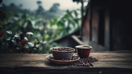 Hot coffee cup with organic coffee beans on the wooden table and the plantations background with copy space.