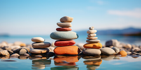 Harmonious spa stones balance against a vibrant summer sky and sea backdrop. Yoga relax horizontal wallpaper. 