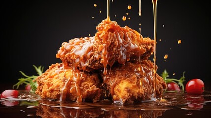 Crispy fried chicken with sweet and sour sauce on a wooden table with a blurred background