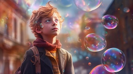 Child and bubble in the urban oasis, Generative ai