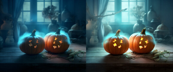 Fototapeta premium table evil halloween blue horror background pumpkin gothic fear mystery night. Generative AI.