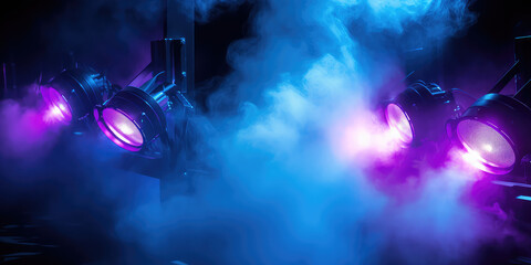 Fototapeta na wymiar Purple and blue searchlights in the smoke on dark background. Creative abstract club performance soffits banner. 