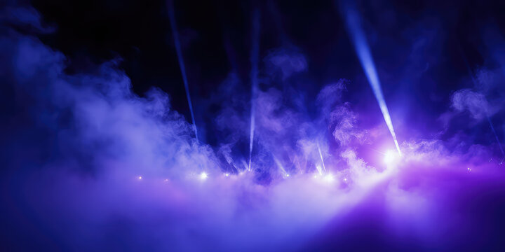 Purple and blue searchlights in the smoke on dark background. Creative abstract club performance soffits banner. 