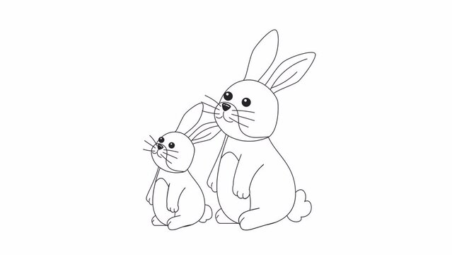 Rabbits bunnies looking up bw 2D characters animation. Eastern bunnies outline cartoon 4K video, alpha channel. Kawaii wild rabbits standing on hind legs animated animals isolated on white background