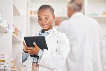 Inventory, pharmacist and black woman with a tablet, healthcare and research with connection in a...