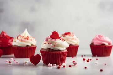 Closeup of delicious Valentine's Day cupcakes on light background. Generative AI