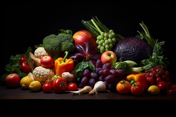 Assorted fresh produce beautifully displayed on a dark background. Generative AI
