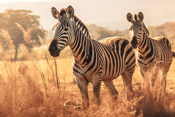 Fototapeta na wymiar Zebras herd on African savanna in sunlight. Wild nature of Africa. Zebra stand facing camera. Generative AI