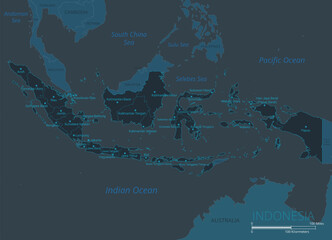 Indonesia map. High detailed map of Indonesia with countries, borders, cities, water objects. Vector illustration EPS10