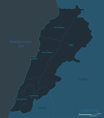 Lebanon map. High detailed map of Lebanon with countries, borders, cities, water objects. Vector illustration EPS10