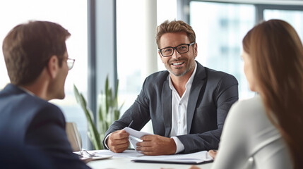 A businessman or financial advisor meeting with clients in an office, discussing finances, mortgages, and investing strategies. Personal financial management and advisory services. Generative Ai