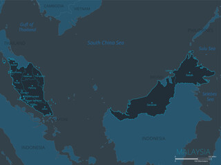 Malaysia map. High detailed map of Malaysia with countries, borders, cities, water objects. Vector illustration EPS10