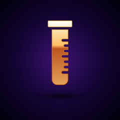 Gold Test tube and flask chemical laboratory test icon isolated on black background. Laboratory glassware sign. Vector