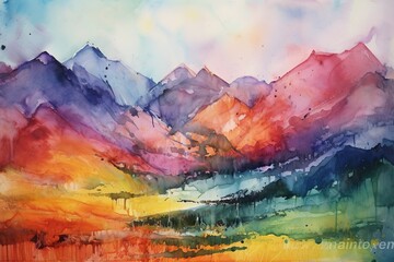Farbenprächtige Berglandschaft als Aquarell (Generative AI)