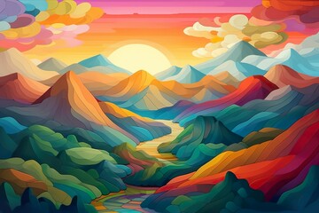 Obraz na płótnie Canvas Farbenprächtige Berglandschaft als Aquarell (Generative AI)