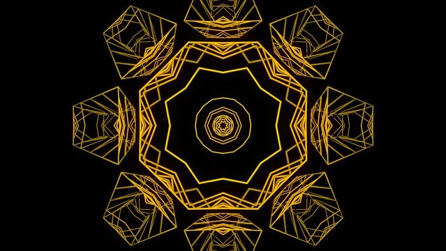Golden geometric octagon with rotating wireframe shapes on black background, kaleidoscope mandala seamless VJ loop