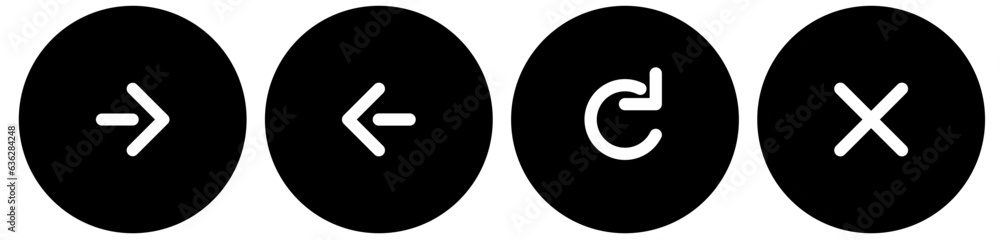 Wall mural silhouette web button icon set, next page, previous page, reload or refresh button, and close or sto