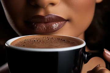 Deurstickers Woman lips with coffe, close up. Girl holding coffee cup in hand. Woman drinking coffe or Cappuccino. © DenisNata