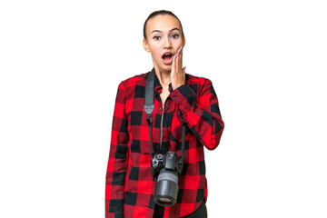 Young photographer Arab woman over isolated background with surprise and shocked facial expression