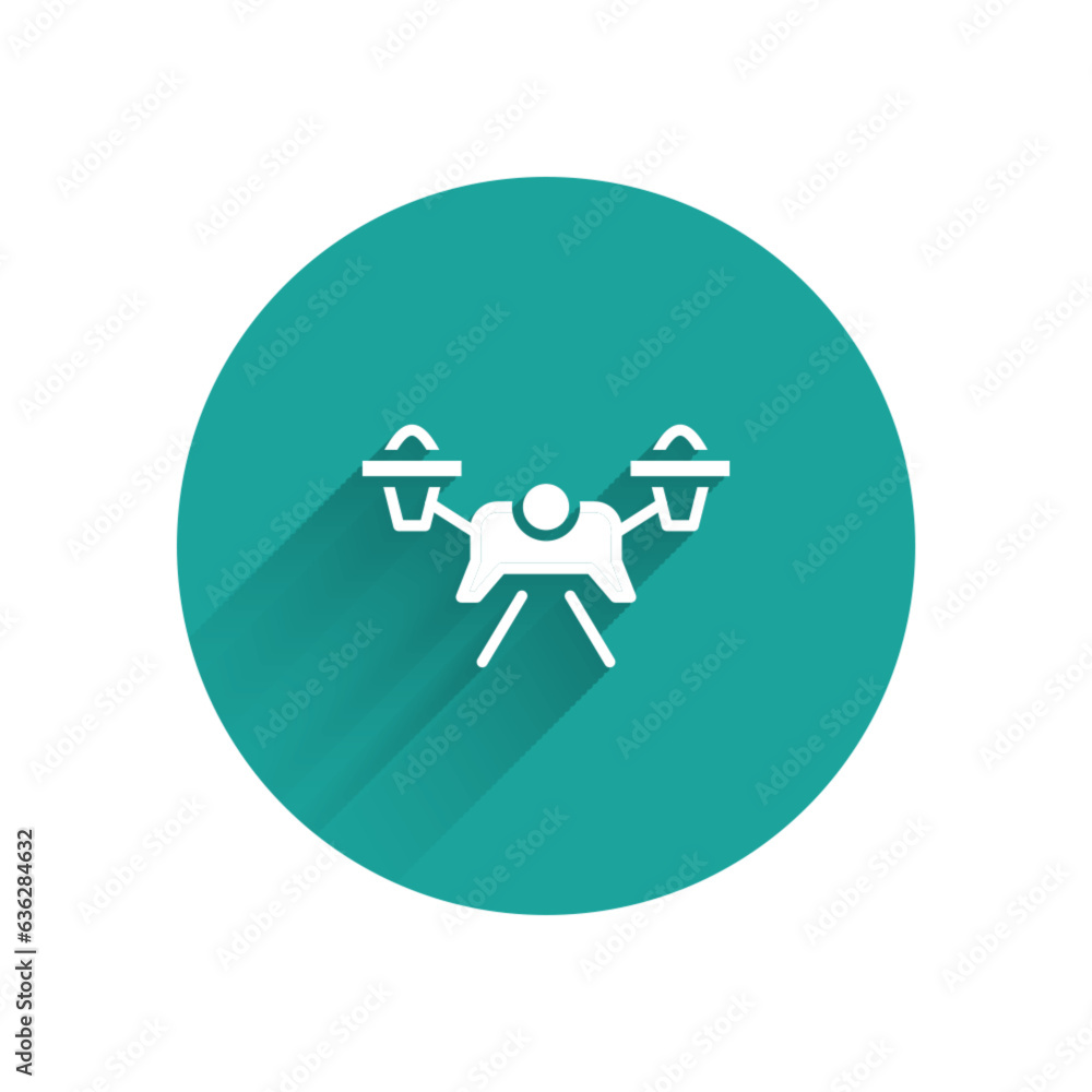 Sticker White Drone flying icon isolated with long shadow background. Quadrocopter with video and photo camera symbol. Green circle button. Vector