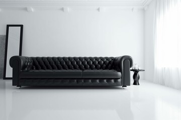 Modern three-dimensional black sofa against a clean white backdrop. Generative AI