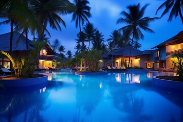 Beautiful premium resort with a serene blue ambiance. Generative AI