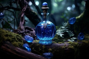 Obraz na płótnie Canvas Exquisite vial holding enchanting blue elixir amidst ethereal forest. Generative AI