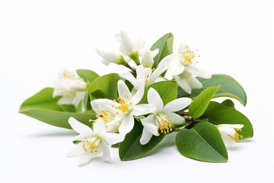 White neroli blossom with flowers, buds, and leaves on a white background. Citrus trees bearing blossoms and fruiting. Generative AI