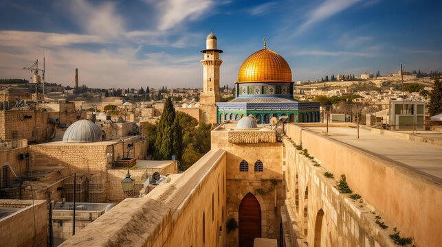 Aerial view of the Western Wall and Dome of the Rock in Jerusalem at sunset, with golden hour light illuminating the iconic religious sites. Ai genretad	Ai genretad