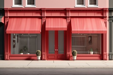 3D rendered shopfront with red facade, two doors, large windows, and awnings. Generative AI