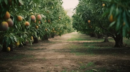 Mango trees with fruit in row in nature.