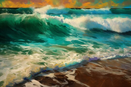 Vibrant artistic depiction of beach waves. Generative AI